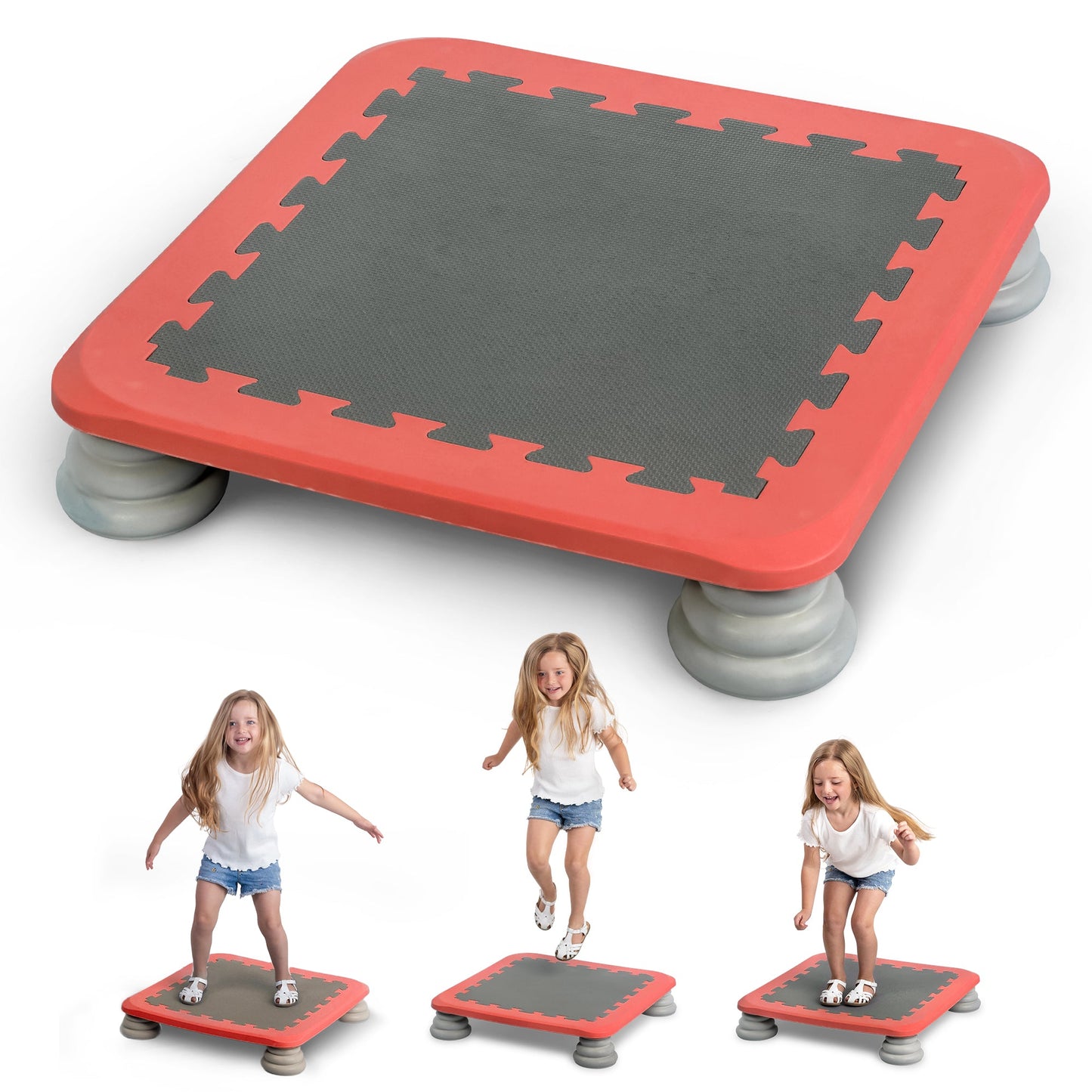 Red kids trampoline rebounder board with gray interlocking top and four gray spring bases