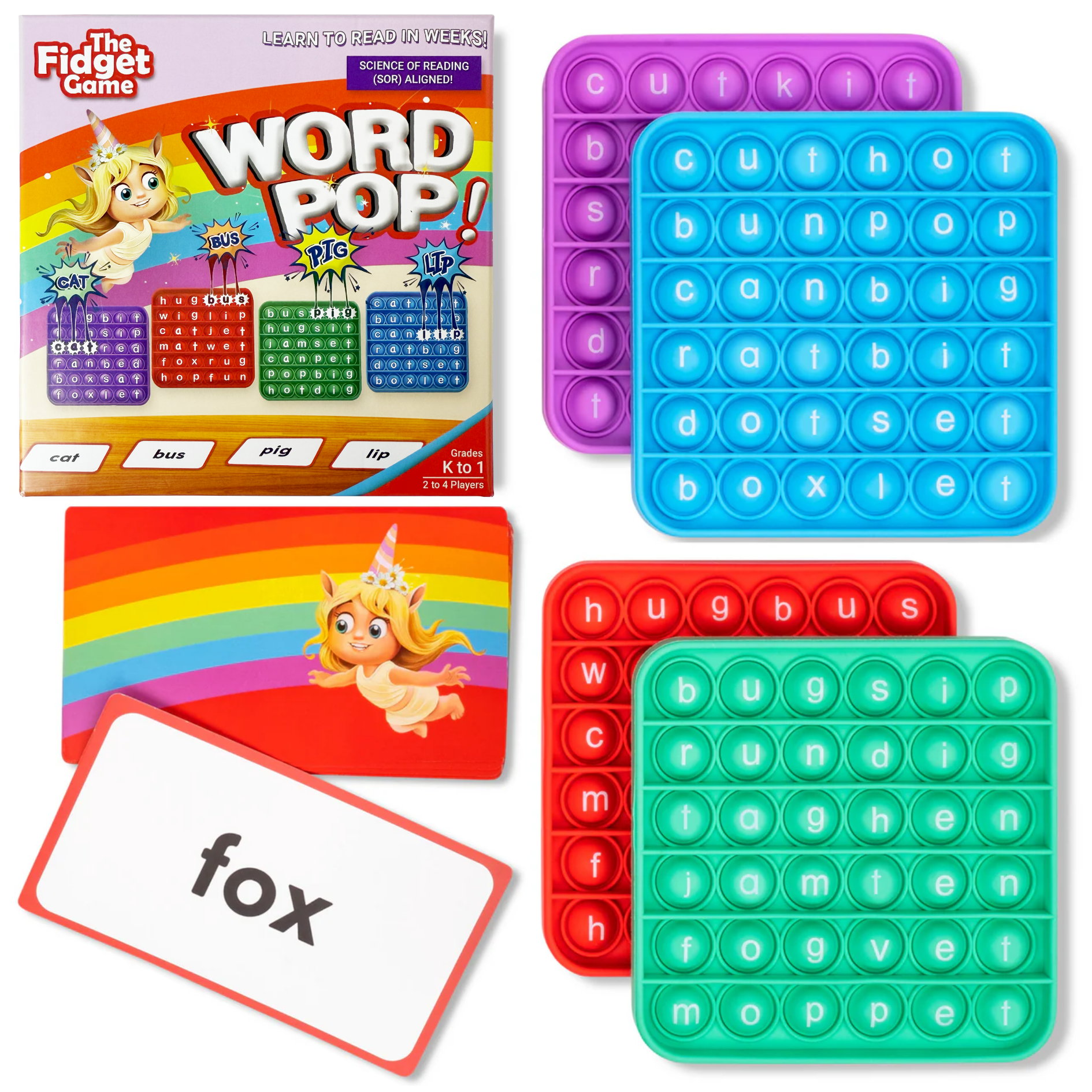 Word Pop fidget letter mats with bubble tiles and word cards