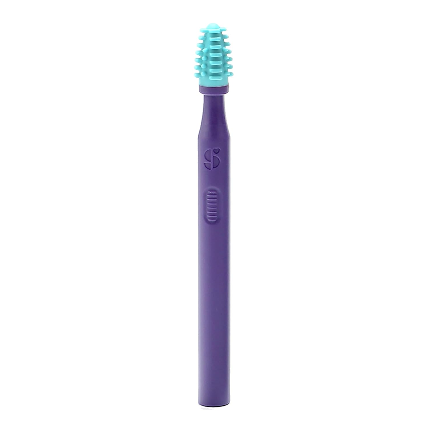 Sensory mouth brush with light blue silicone textured bristles on purple handle