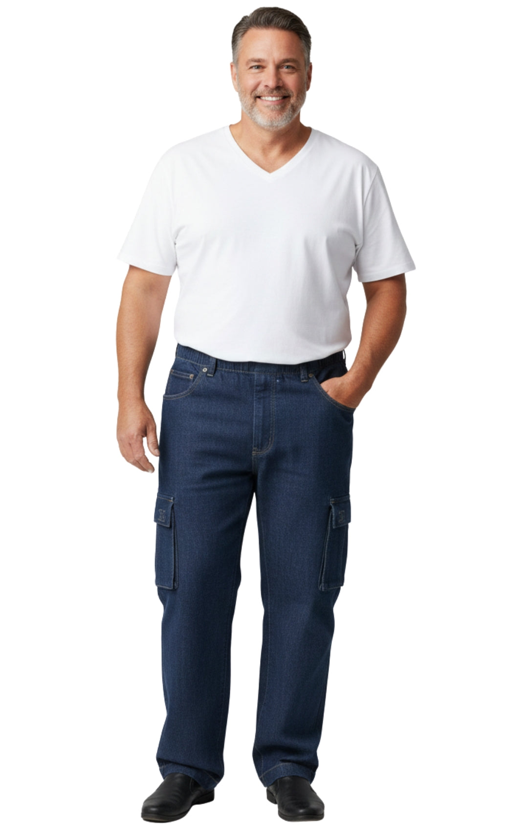 Man wearing a white t-shirt and blue cargo pants on a white background