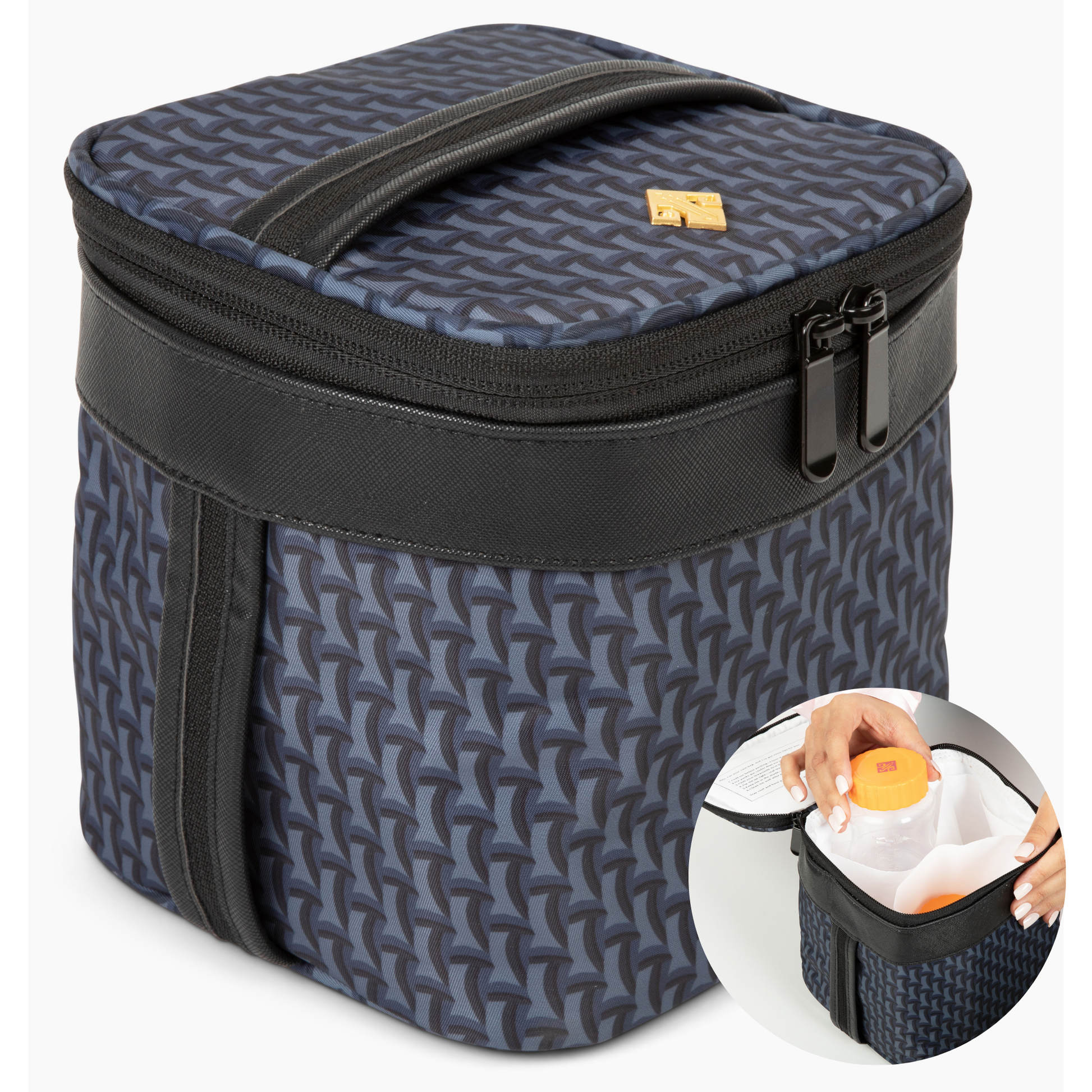 Roxwell breastmilk cooler bag with zip top, dark navy patterned exterior, black carry handle