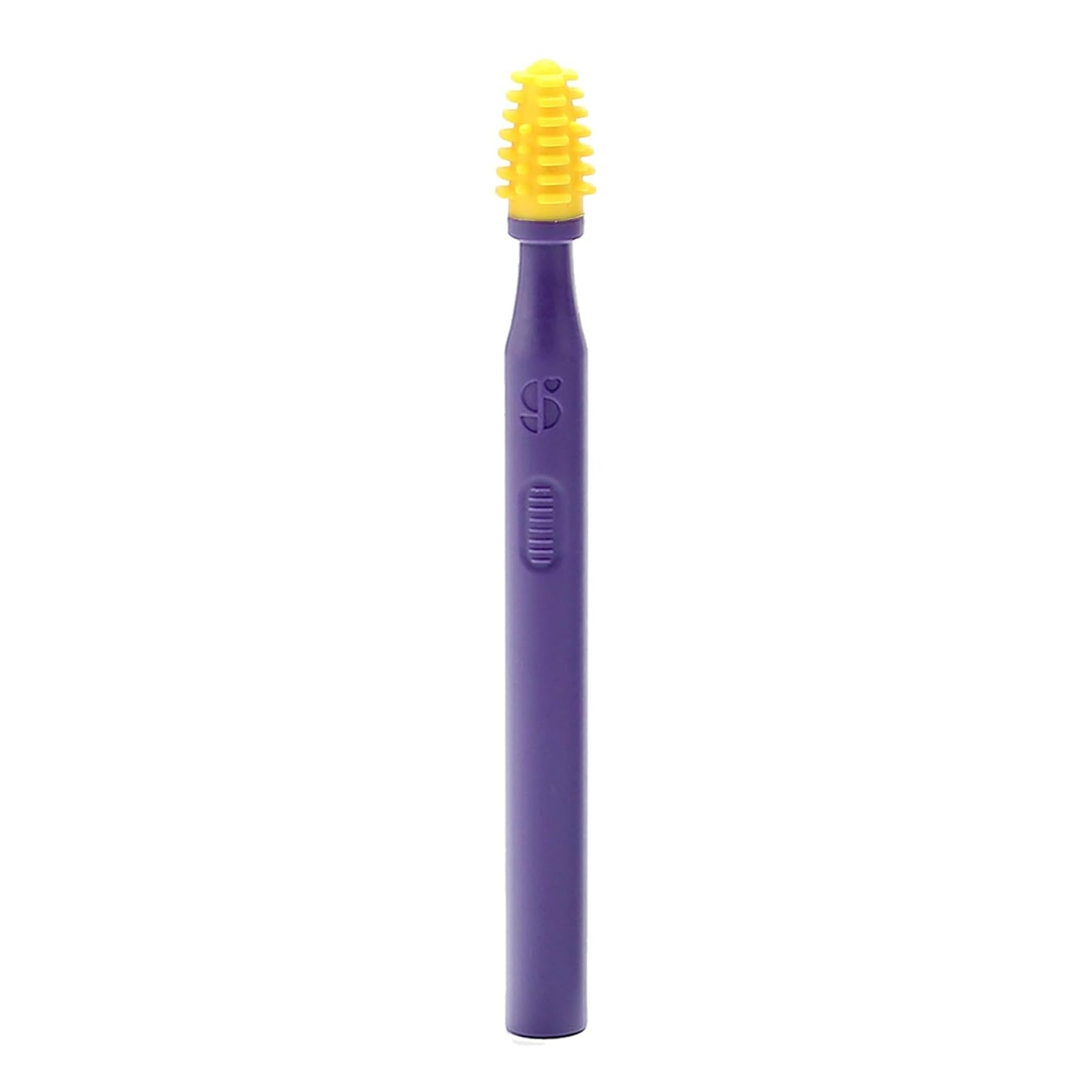 Sensory mouth brush with yellow silicone textured bristles on purple handle