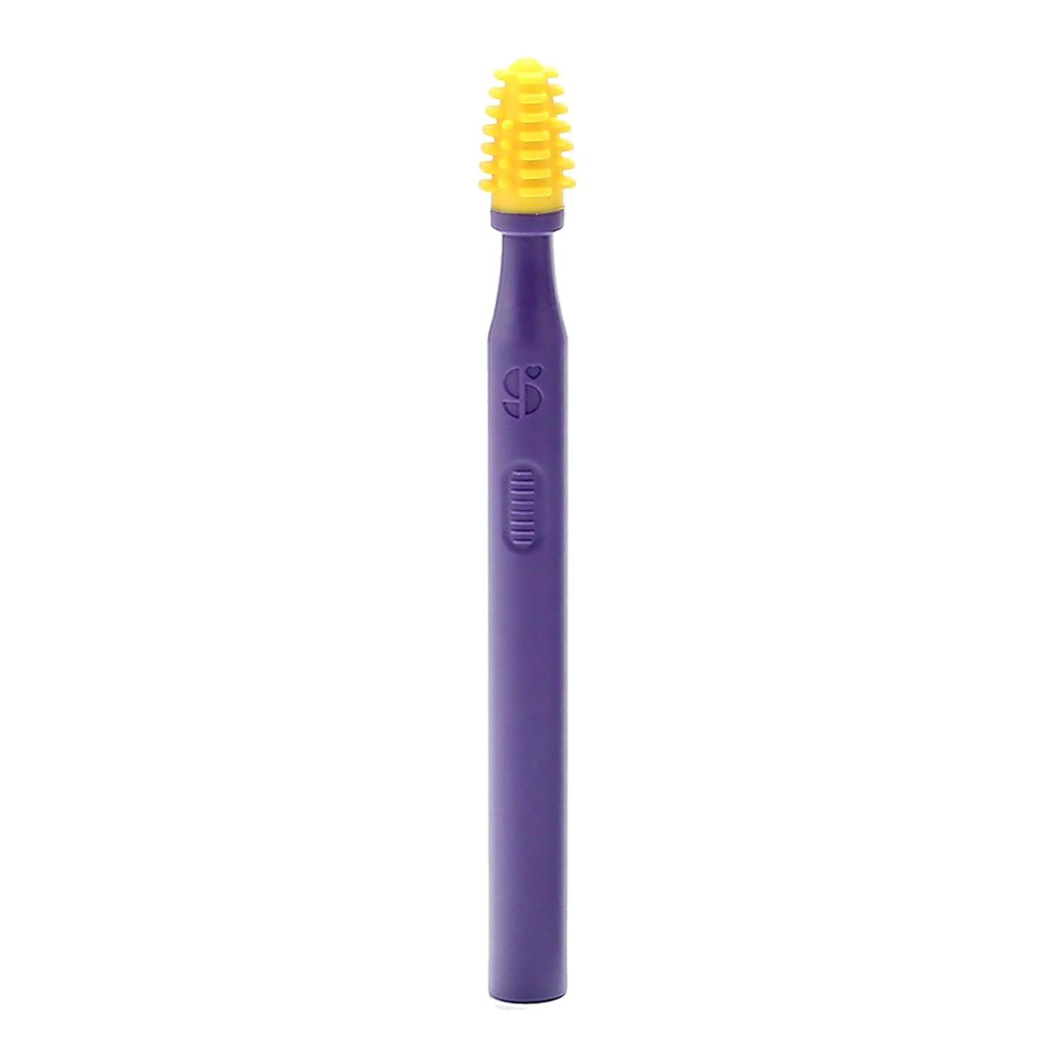 Sensory mouth brush with yellow silicone textured bristles on purple handle