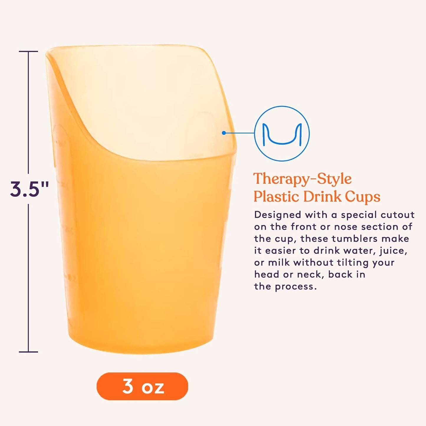 Single small flexible therapy drink cup in orange plastic with front nose cutout