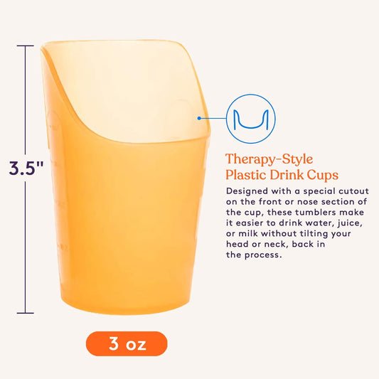 Single small flexible therapy drink cup in orange plastic with front nose cutout