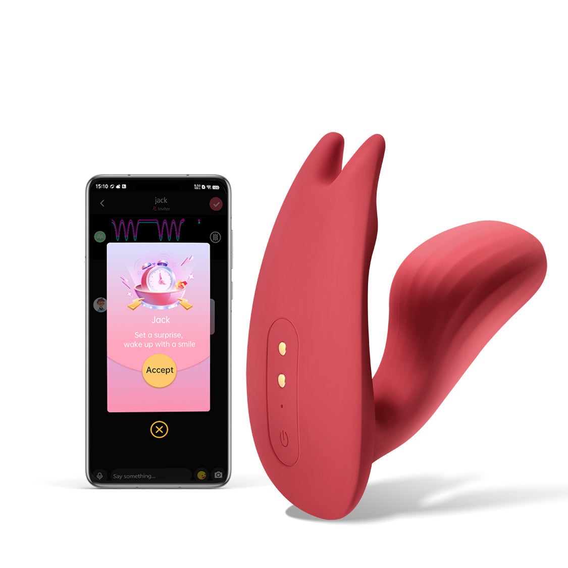 Red silicone dual stimulation vibrator with two curved tips and side buttons