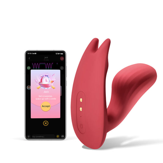 Red silicone dual stimulation vibrator with two curved tips and side buttons