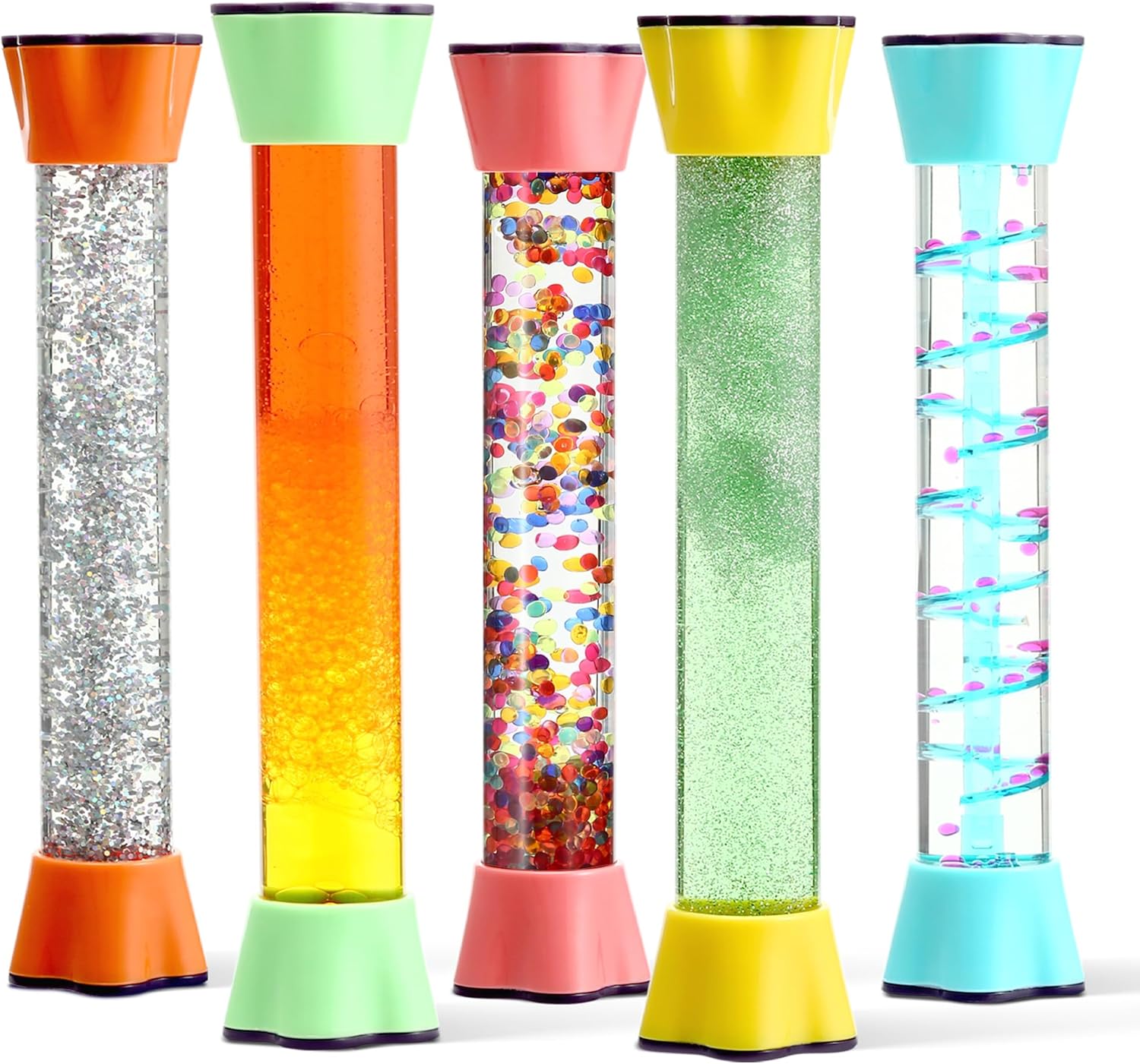 Set of five sensory motion tubes with colorful glitter and droplet fluid chambers