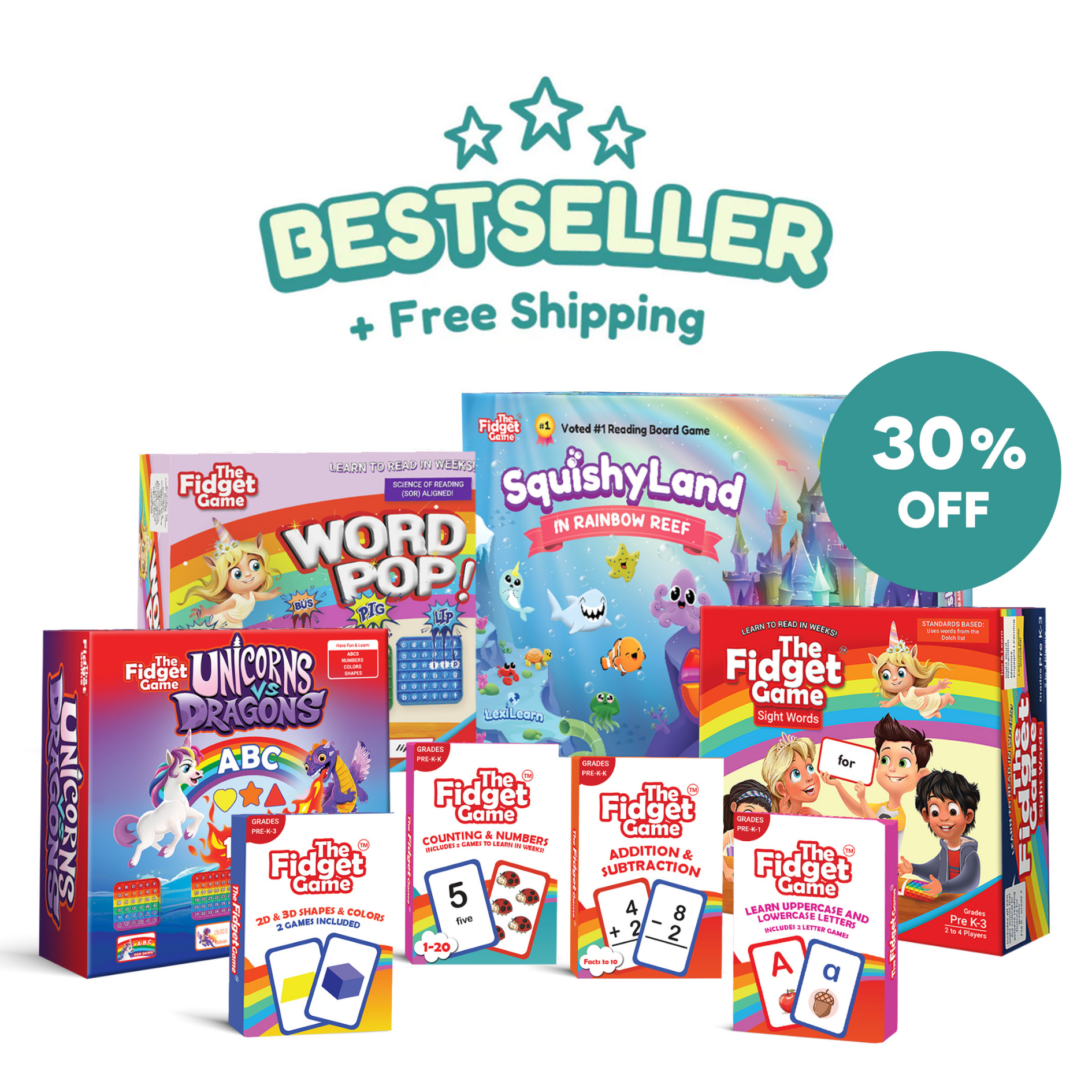 Kids literacy game bundle showing multiple boxed games with a BestSeller banner