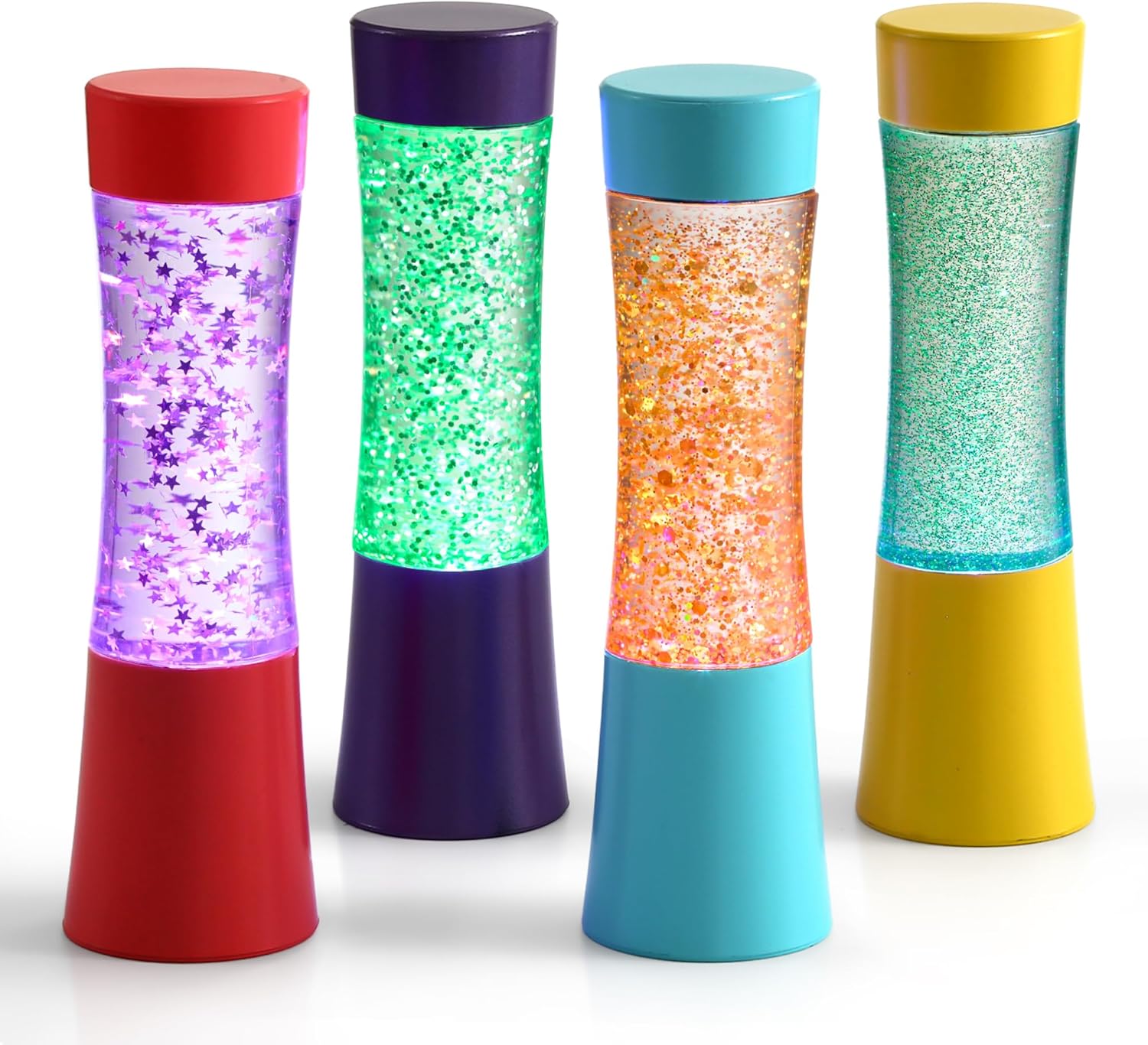 Set of 4 colorful light-up glitter sensory tubes with star confetti inside