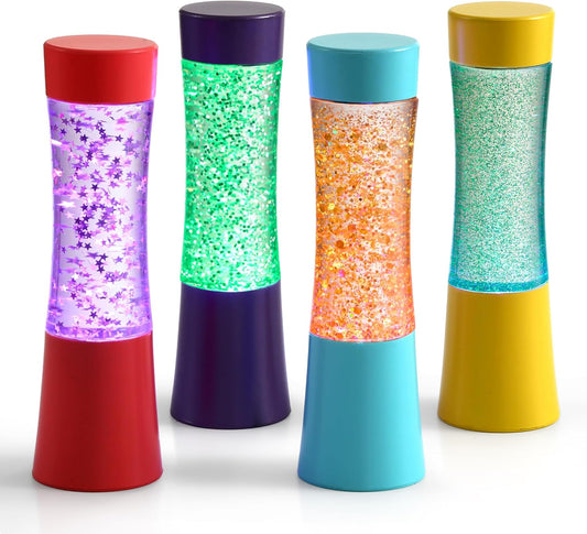 Set of 4 colorful light-up glitter sensory tubes with star confetti inside