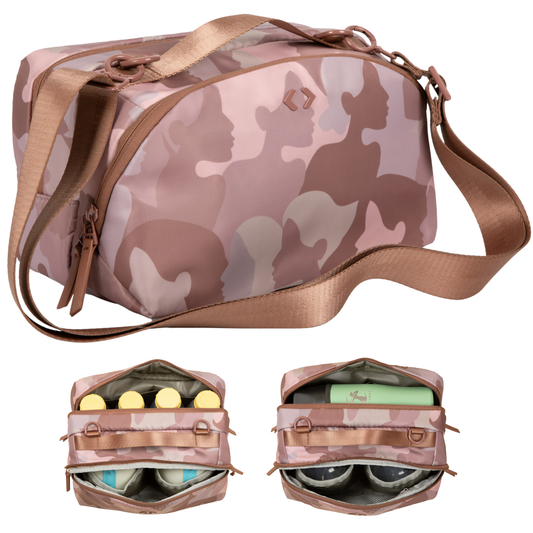 Breast pump cooler bag with pink camouflage print and tan shoulder strap, open view.
