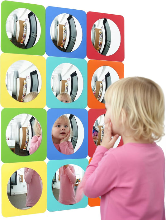 Bubble wall mirror set with colorful square frames and circular acrylic mirrors, with child