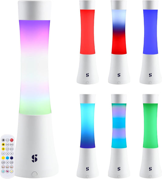 Color-changing lava lamp with purple-to-green LED glow, white base, and remote control.