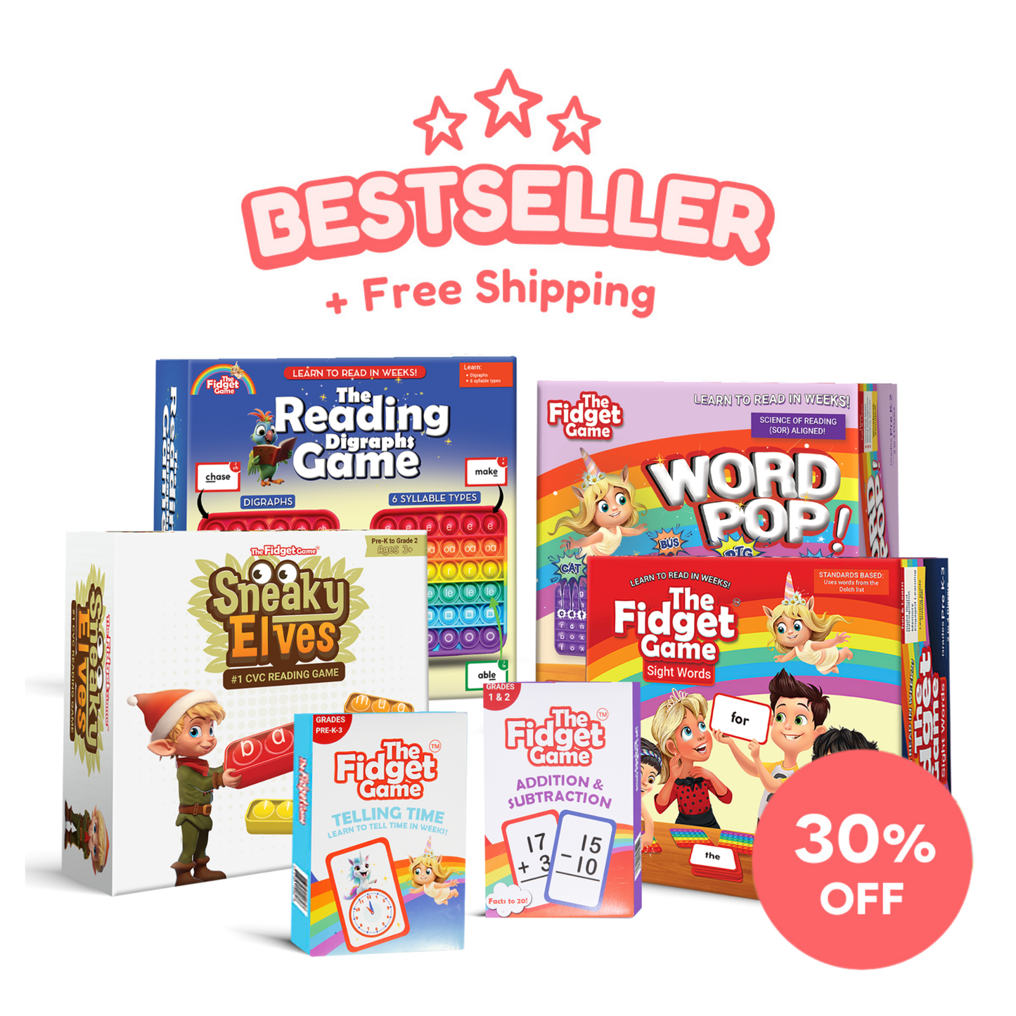 Best-seller promo graphic with multiple reading games boxes and a 30% off badge