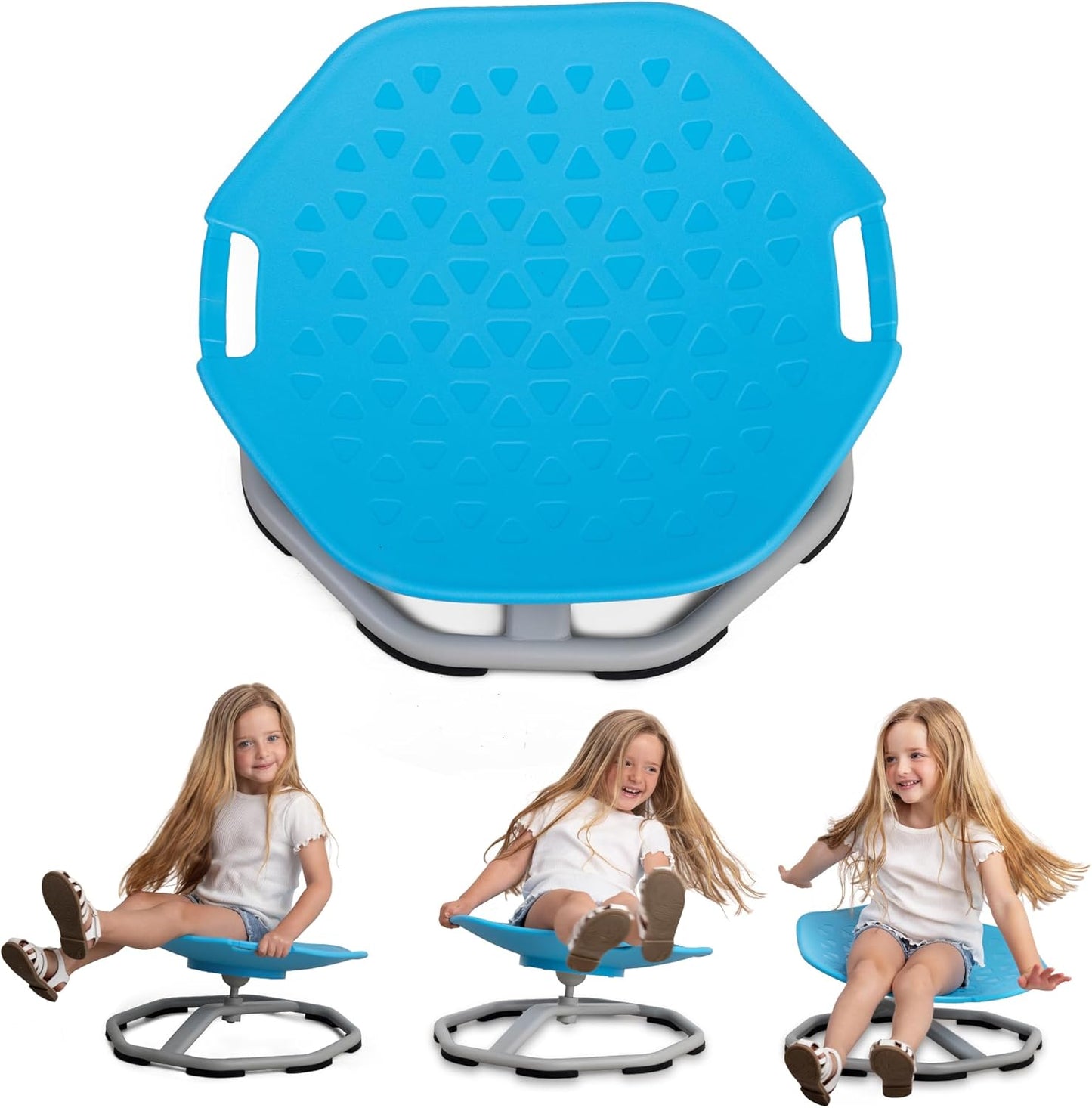 Blue kids sensory spin chair with textured seat and gray rotating base.