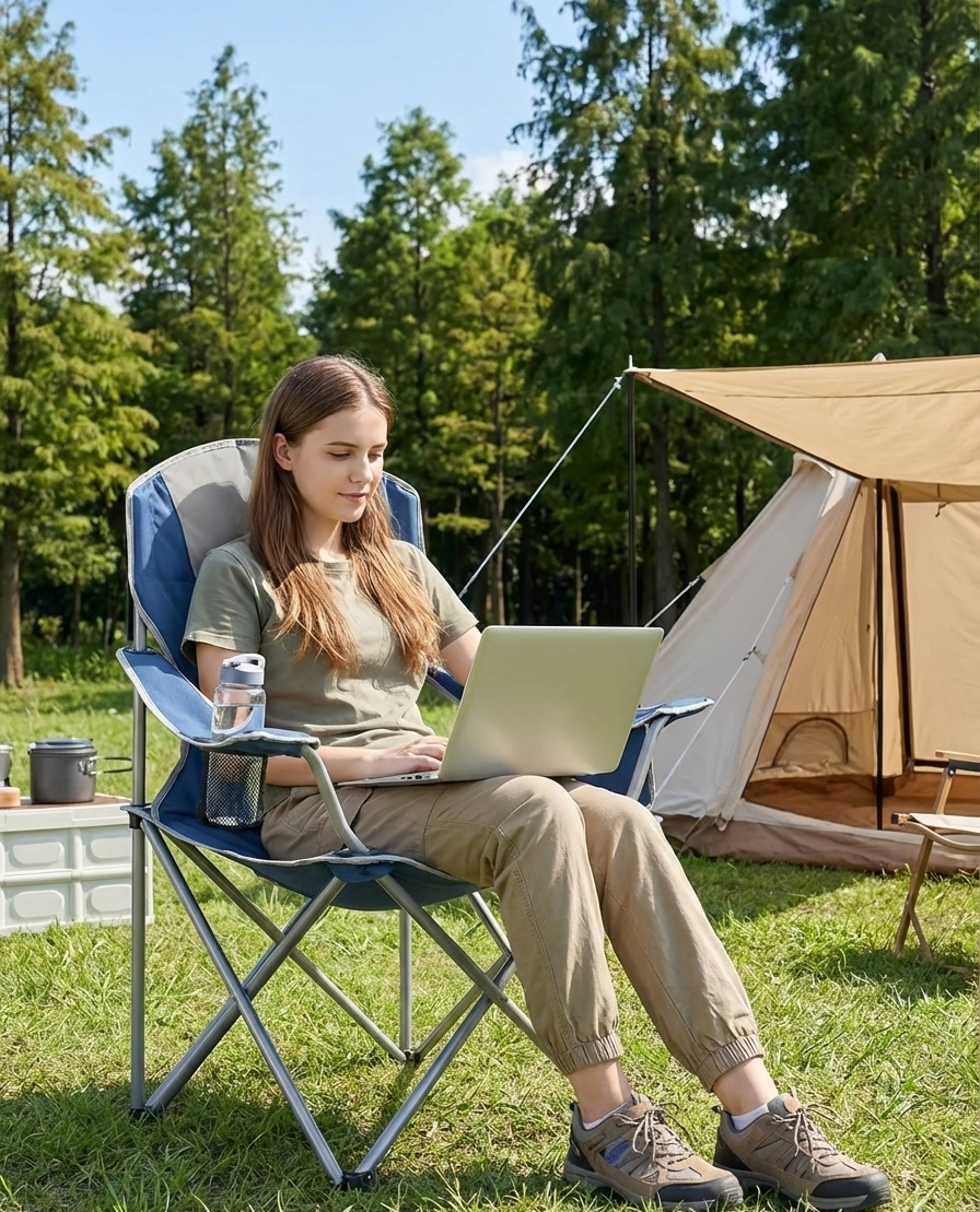 Lake blue folding camping chair with gray cushion and cup mesh pocket on arm.
