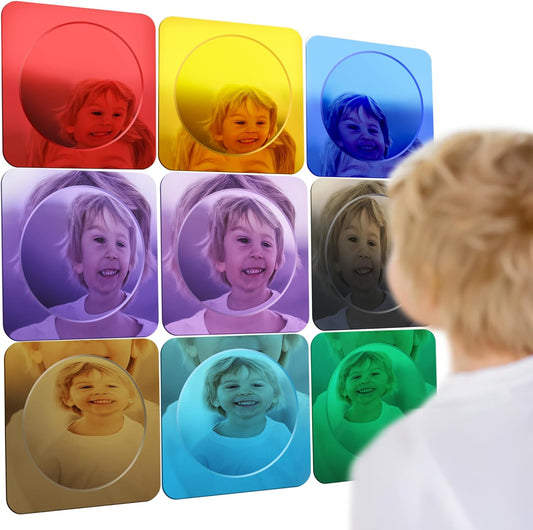 Multi-color acrylic bubble wall mirror set with square panels and circular reflective centers