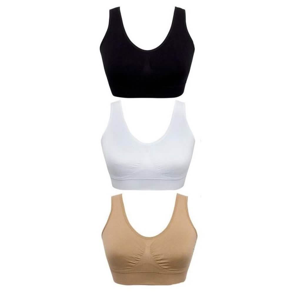 Set of three seamless bras: black, white, tan, smooth stretch cups