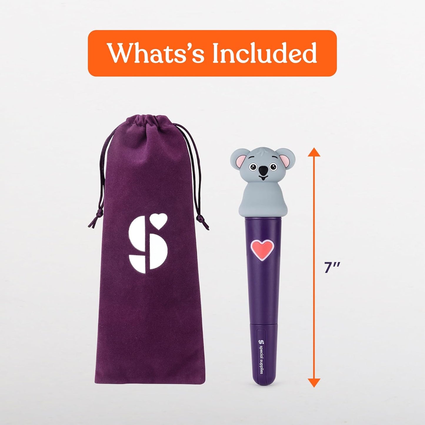 Oral motor stimulation kit with purple drawstring pouch and koala-headed vibrating tool