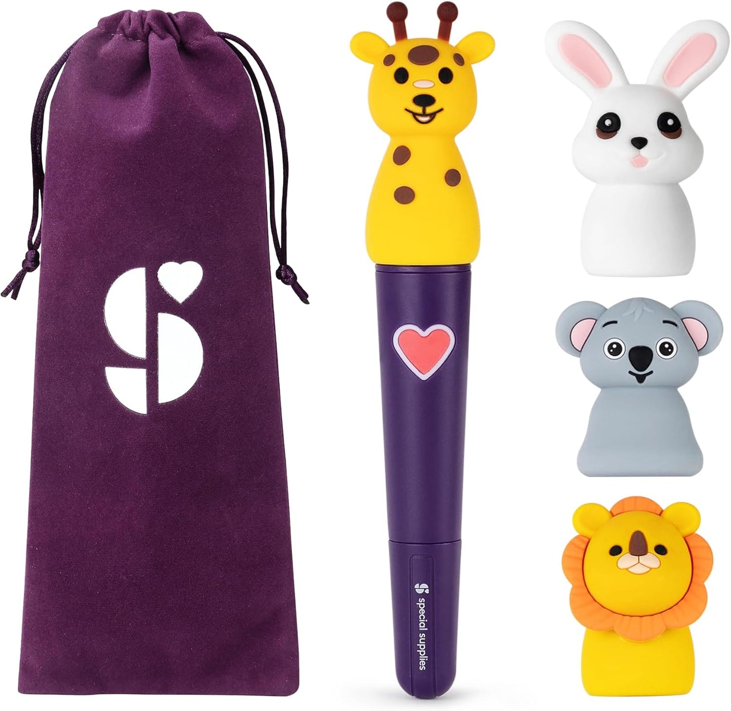 Oral motor stimulation kit with purple drawstring pouch and purple handheld massager with animal heads