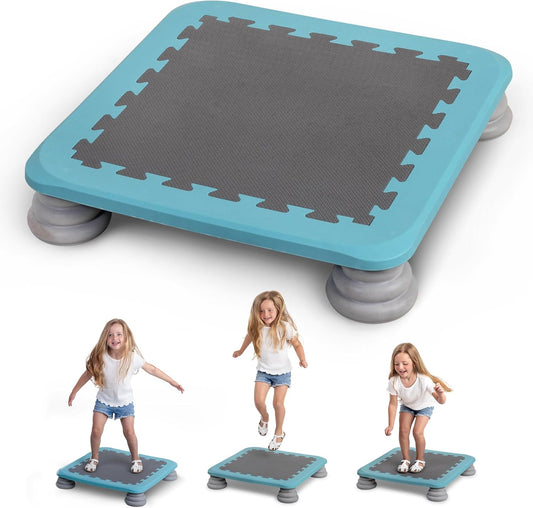 Kids trampoline rebounder board in blue with gray interlocking top and four gray spring bases