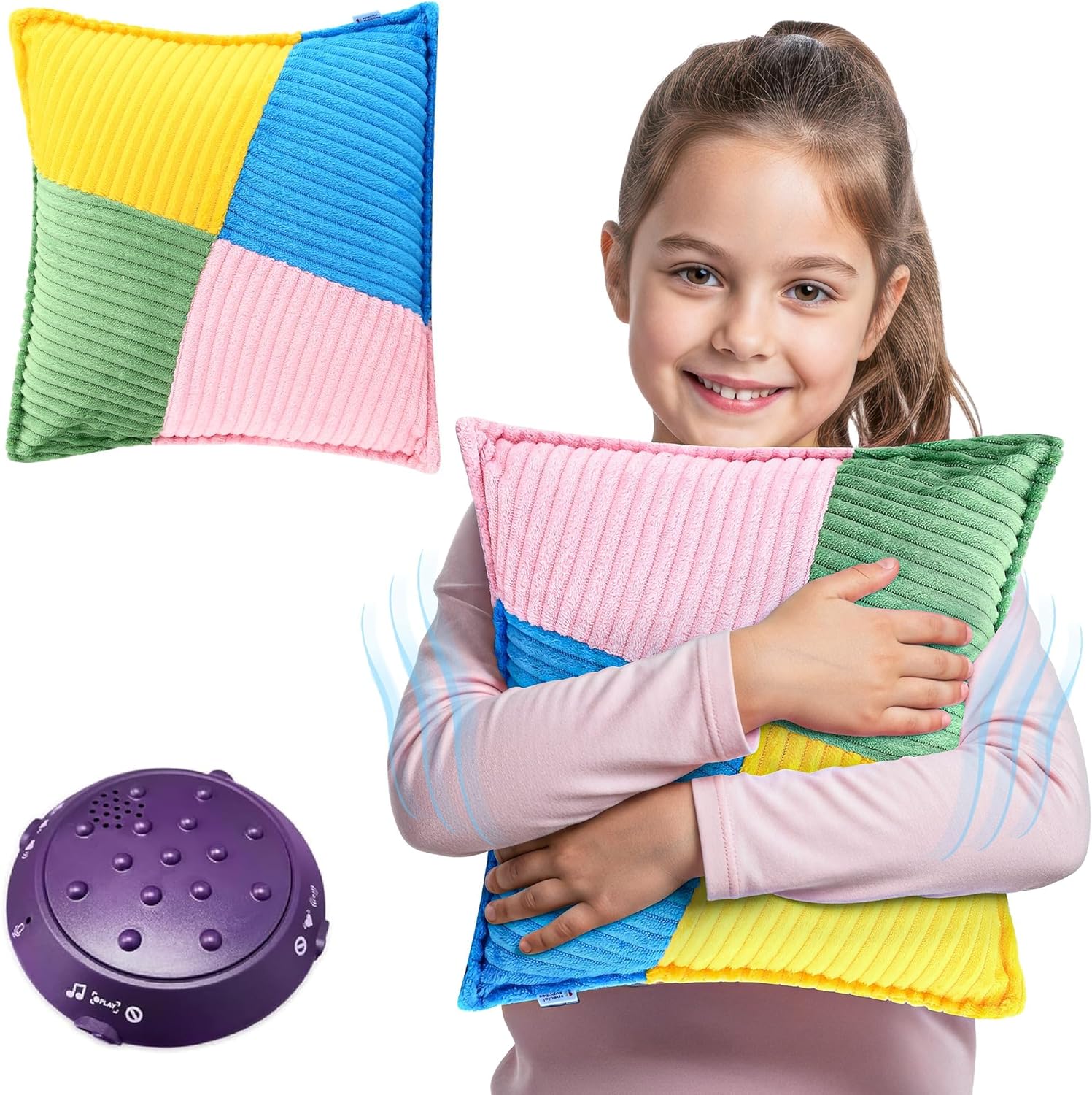Rainbow striped plush sensory vibrating pillow, hugged by a child