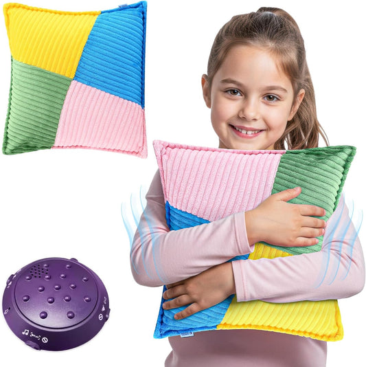 Rainbow striped plush sensory vibrating pillow, hugged by a child