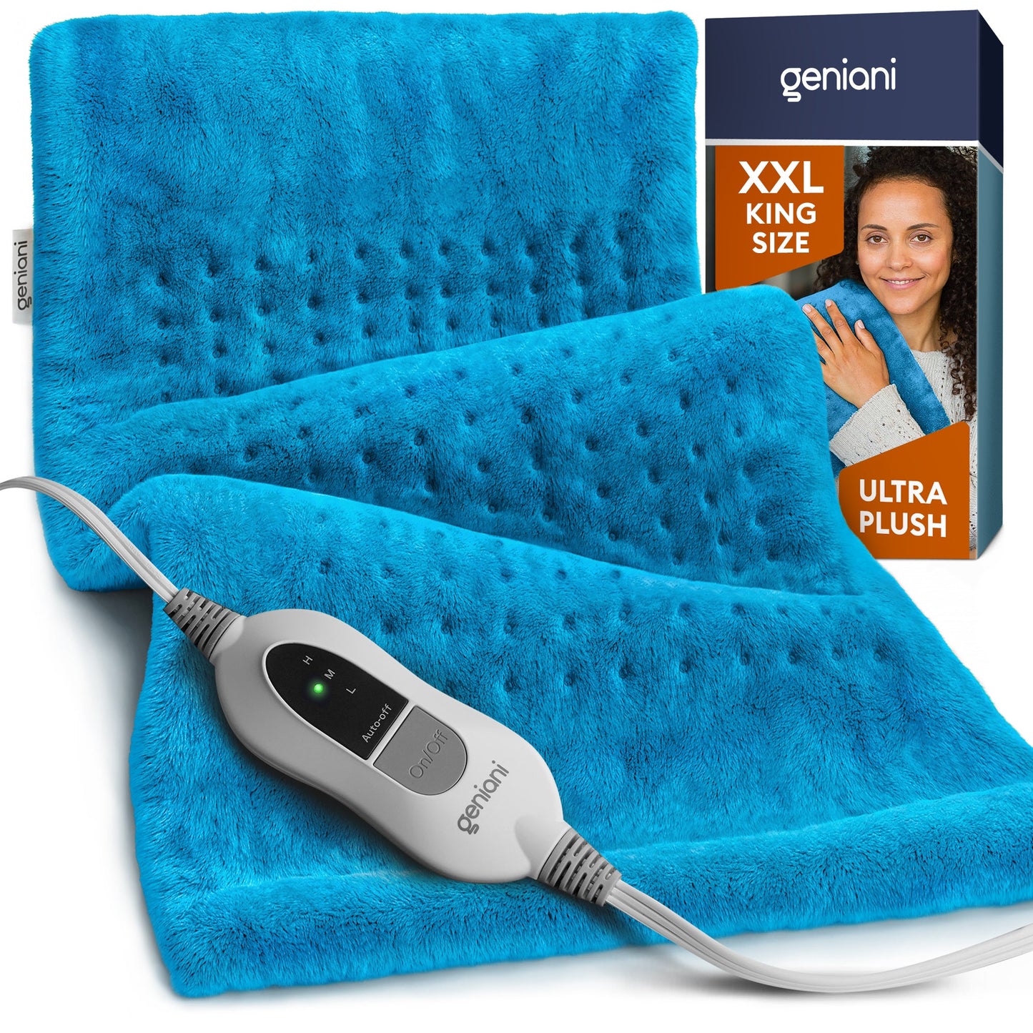 XXL aqua blue plush heating pad with dotted texture and attached power cord