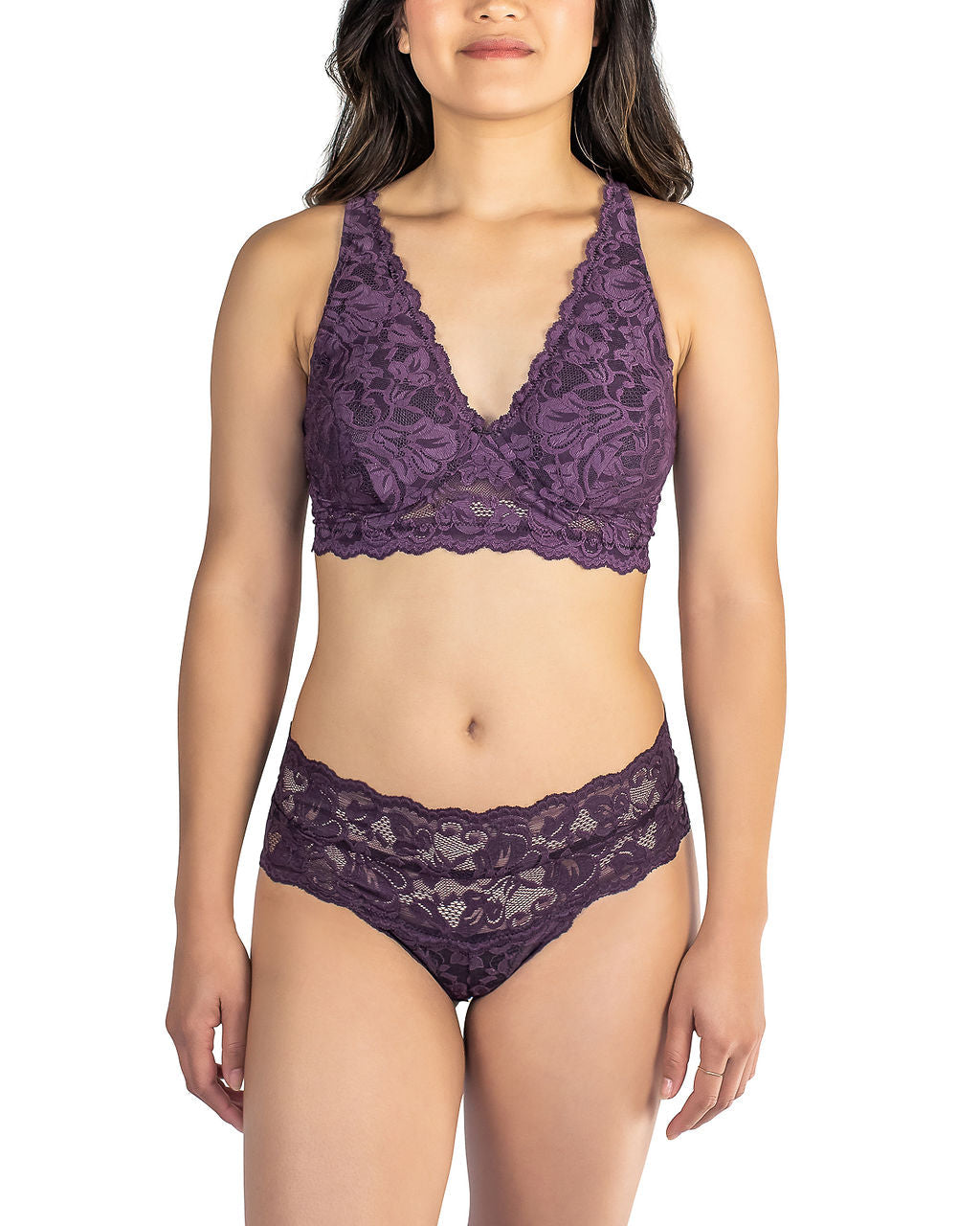 Orchid purple lace bralette bra with deep V neckline and scalloped lace hem