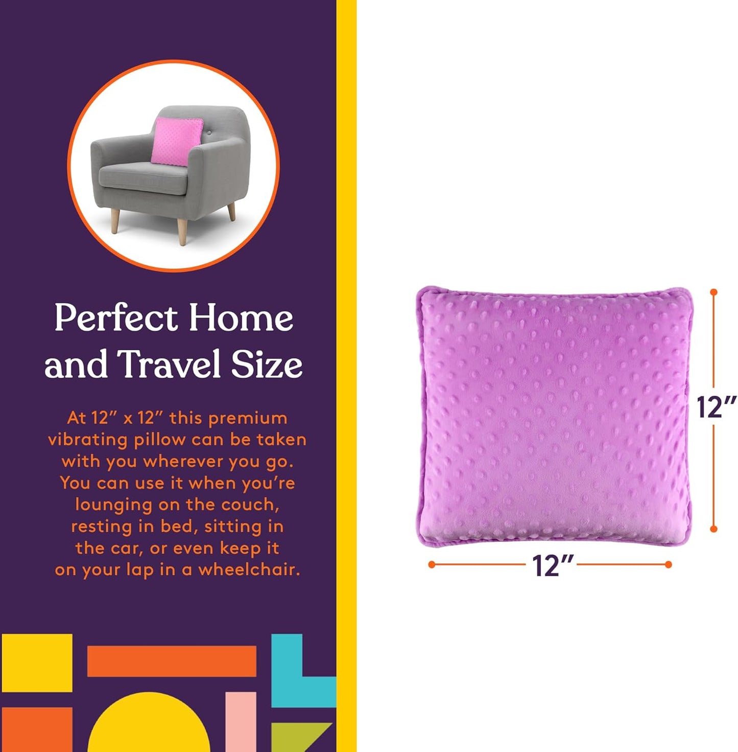 Purple square sensory vibrating pillow, 12 in size