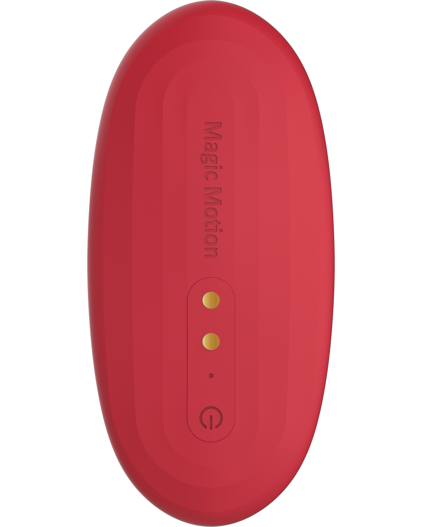 Red oval vibrator controller with two gold buttons and power symbol on back