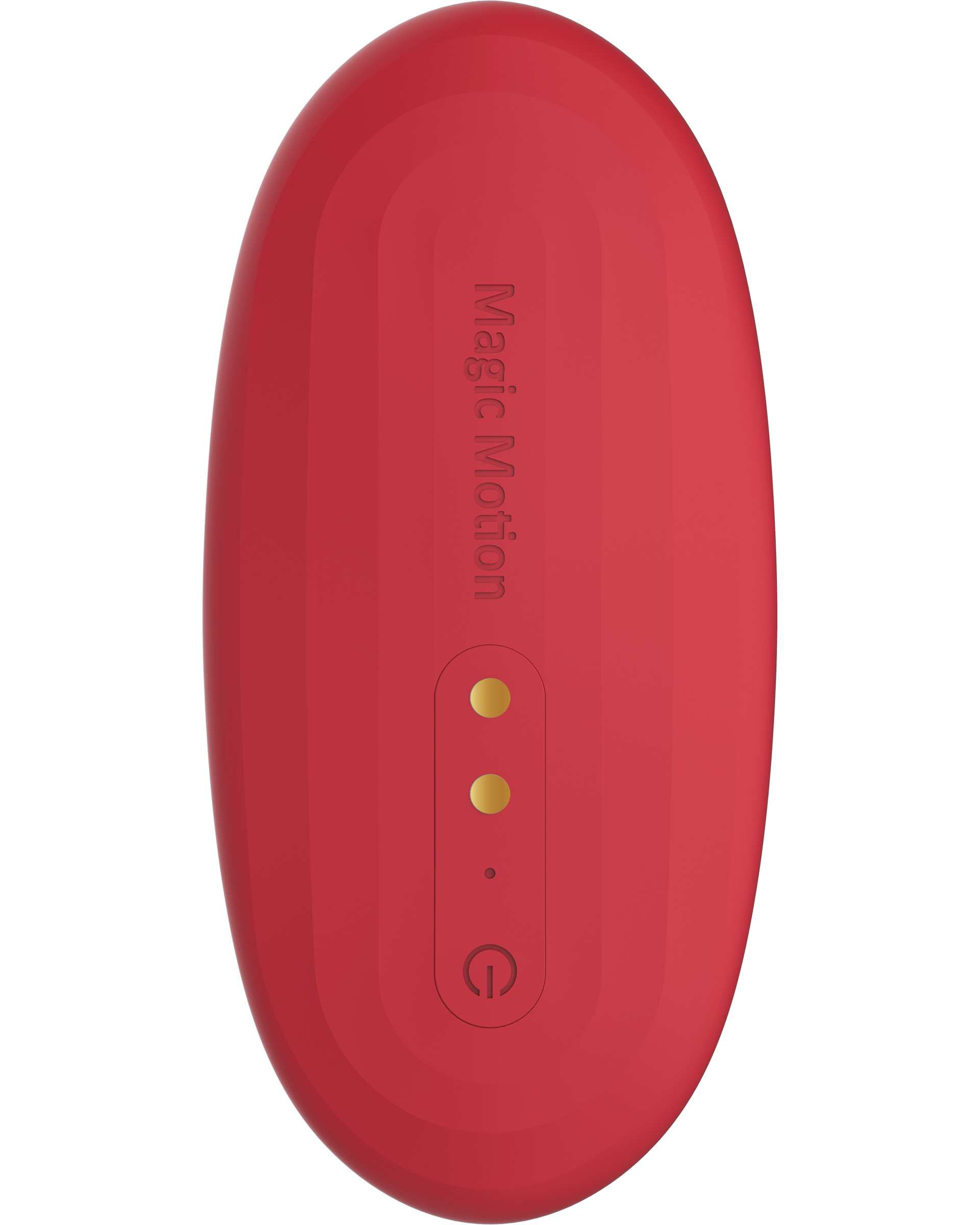 Red oval vibrator controller with two gold buttons and power symbol on back