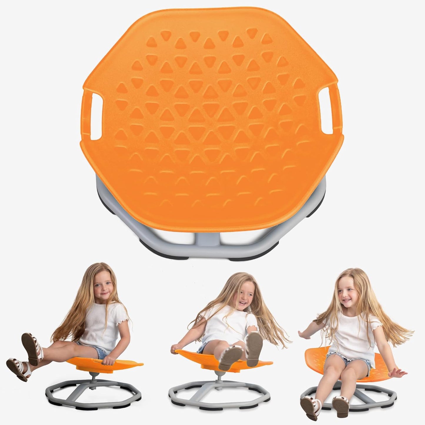 Sensory spin chair for kids, orange seat with textured pattern and gray base