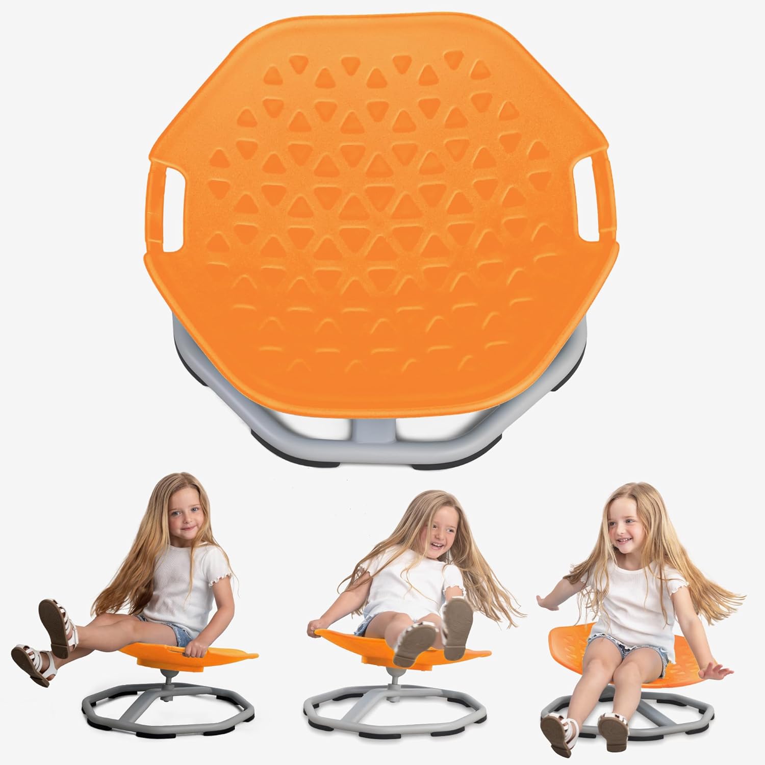 Sensory spin chair for kids, orange seat with textured pattern and gray base