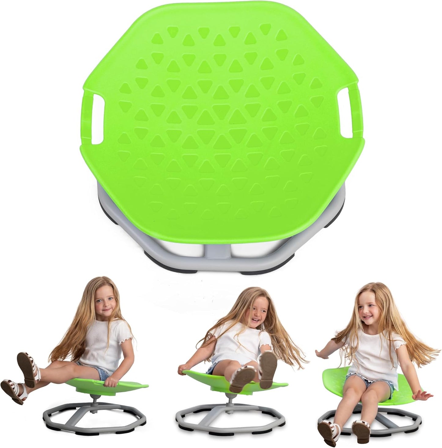 Sensory spin chair for kids, bright green seat with textured pattern and gray base