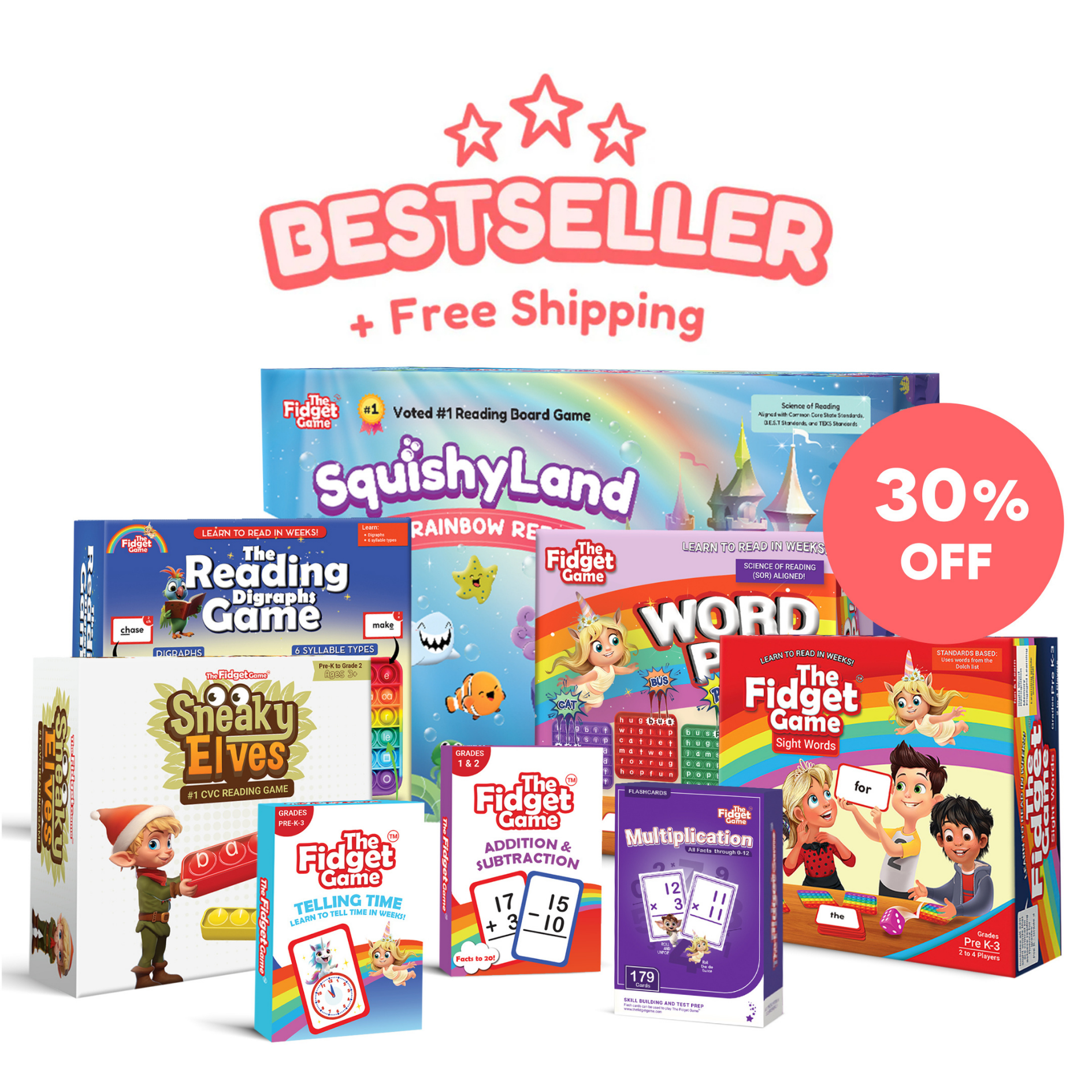 Reading games bundle promo showing several box fronts and a 30% off badge