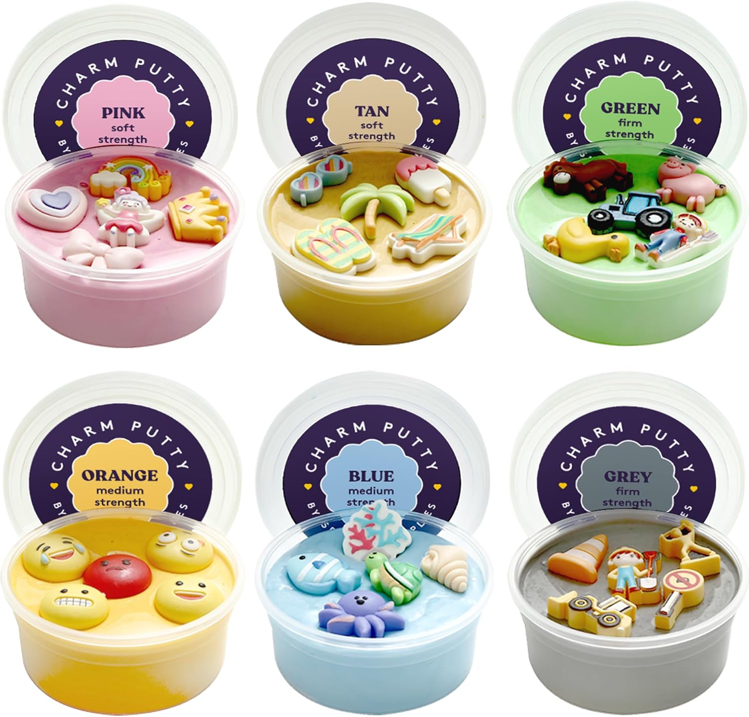 Assorted colored charm sensory putty jars, open with cute animal and icon pieces