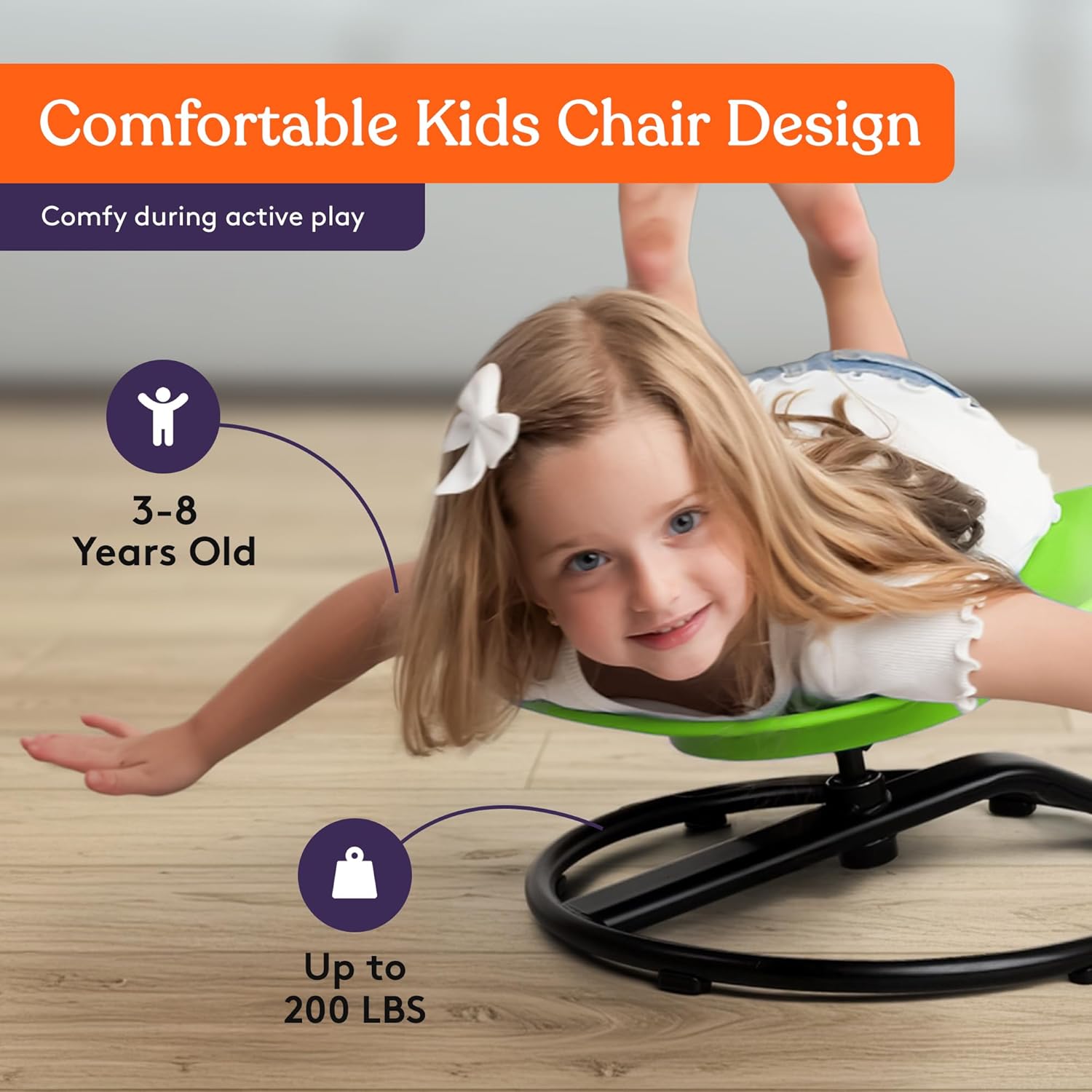 Green kids spinning chair with smile face, shown with a child seated on top
