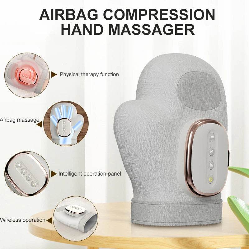 Light gray airbag hand massager with control panel and heating indicator lights