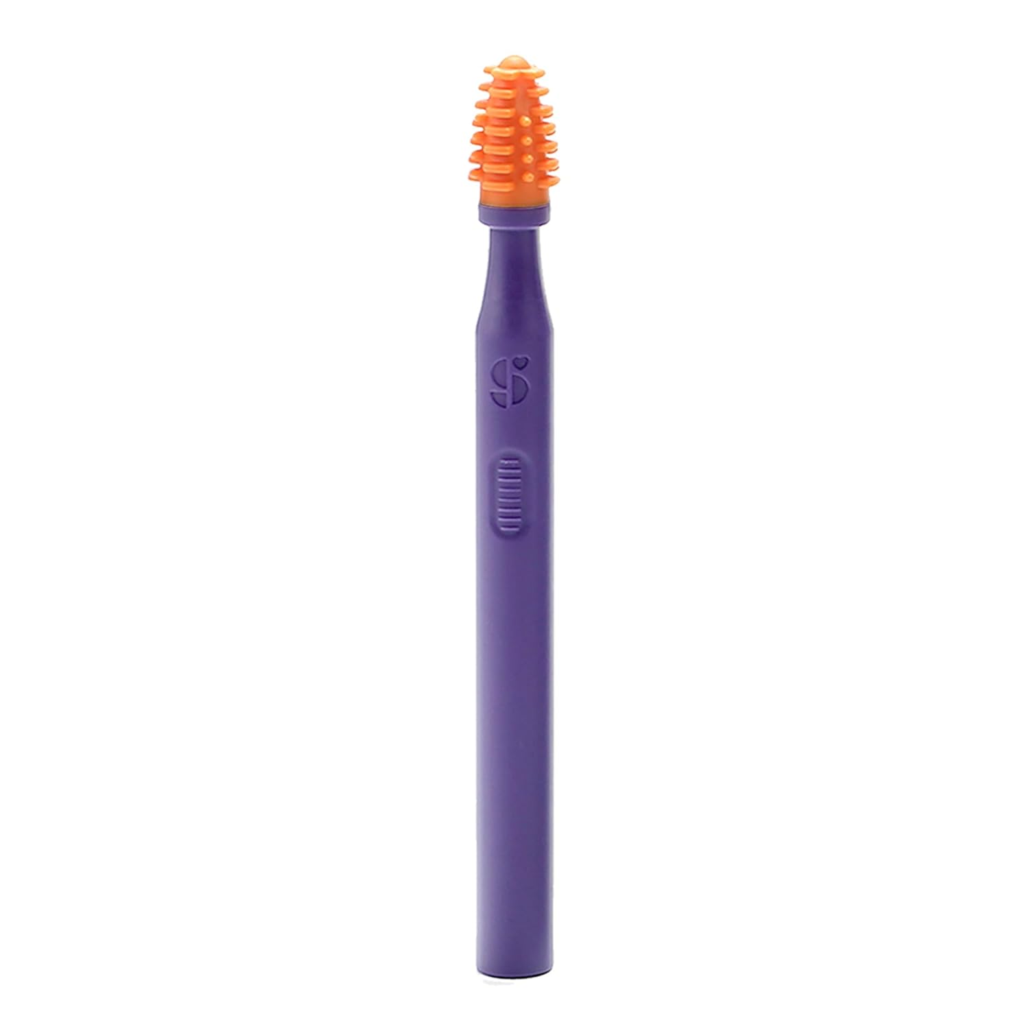 Sensory mouth brush with orange silicone textured bristles on purple handle