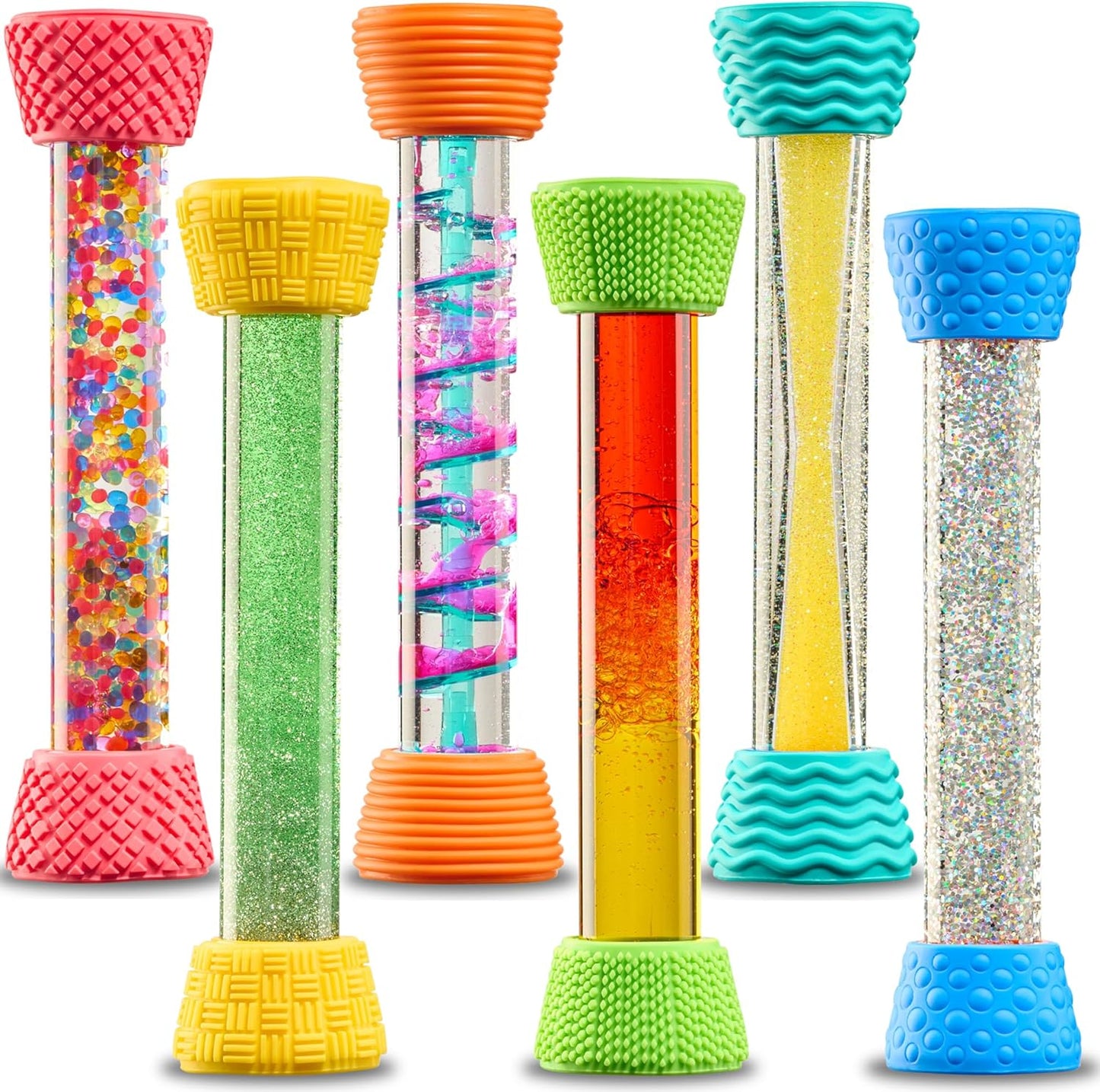 6-pack colorful liquid motion hourglass tubes with textured silicone caps, glitter center