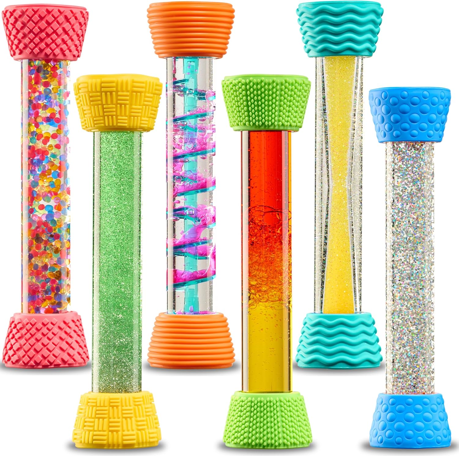 6-pack colorful liquid motion hourglass tubes with textured silicone caps, glitter center