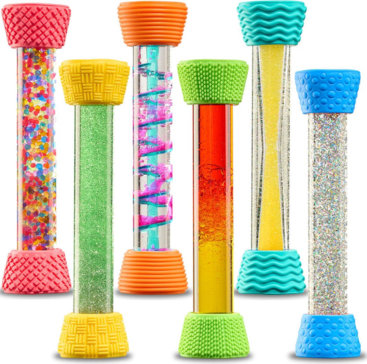 6-pack colorful liquid motion hourglass tubes with textured silicone caps, glitter center