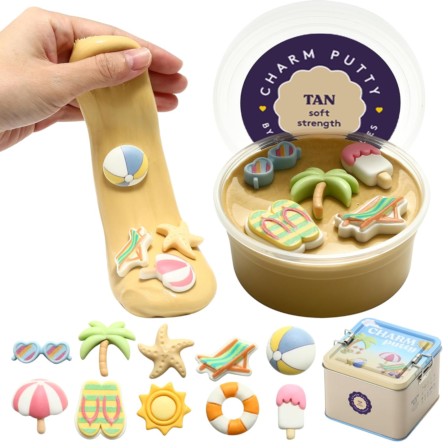 Tan sensory putty in hand and open jar with beach-themed charm shapes