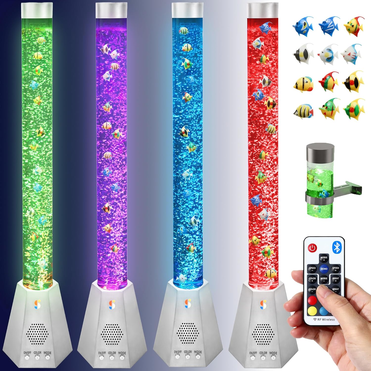 Four aquarium bubble tube lamps with multicolor tubes and wireless remote controller
