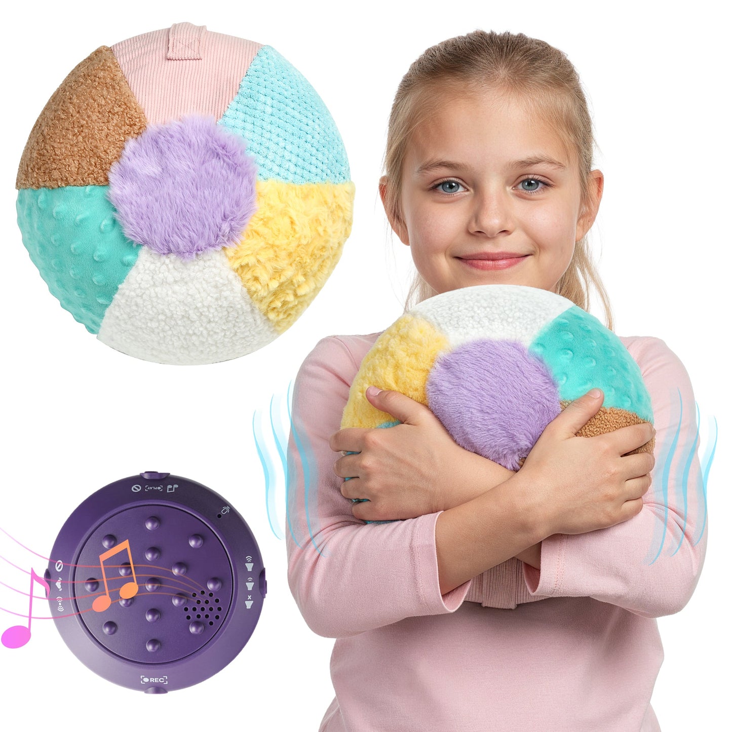 Sensory vibrating weighted pillow in multicolor plush panels with textured ball accents