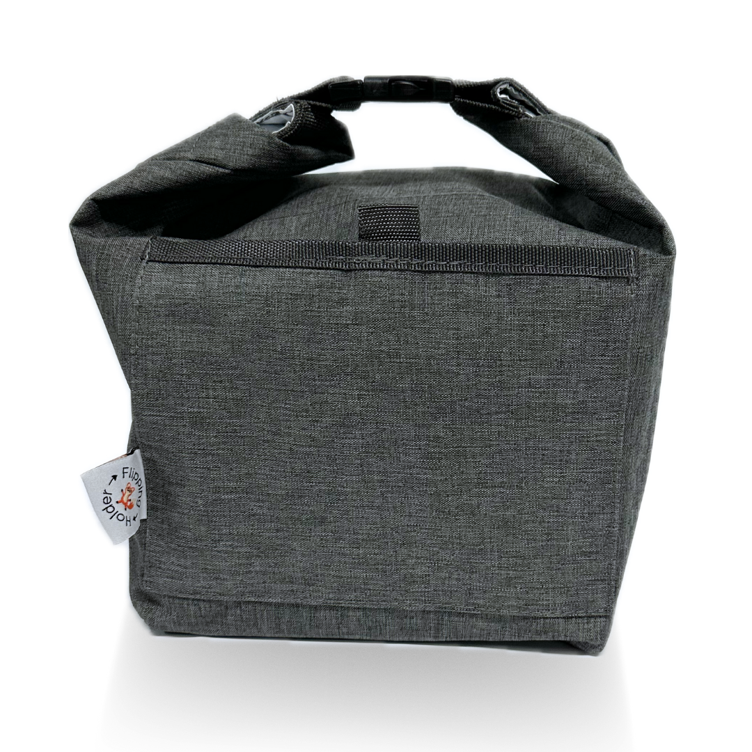 Gray thermal bag with roll-top closure and front pocket
