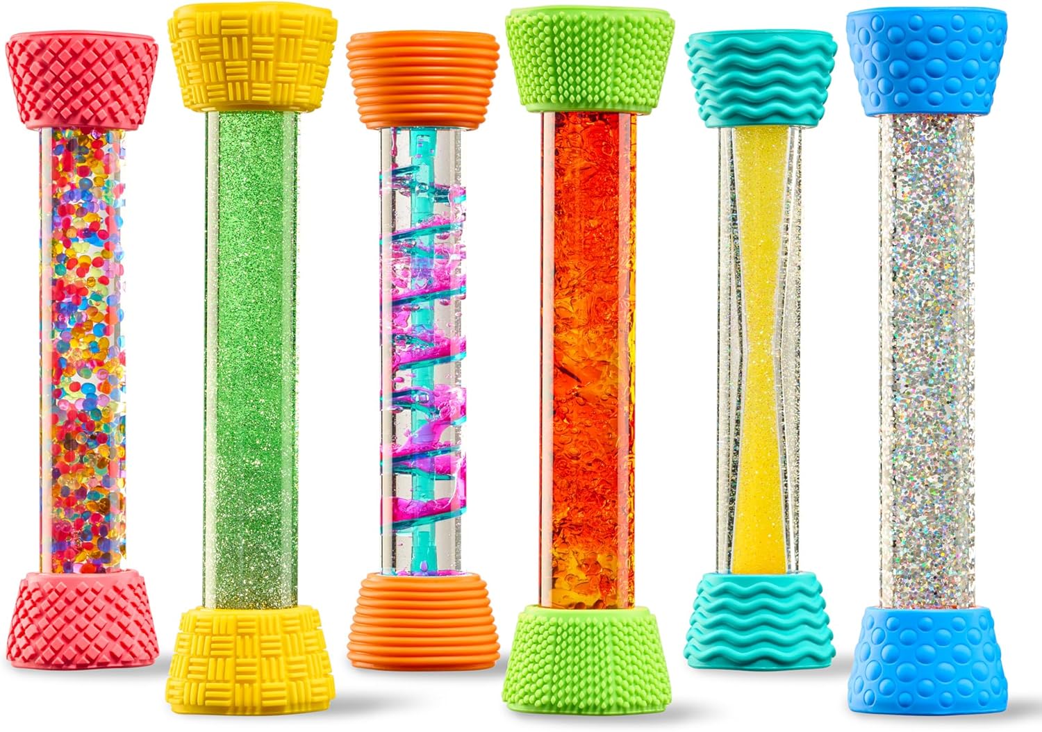 6-pack colorful liquid motion hourglass tubes with textured silicone caps, glitter inside