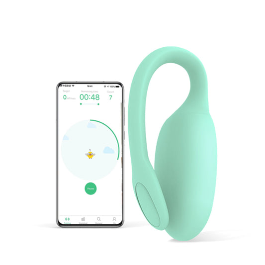 Mint green silicone kegel exercise device with oval side panel and handle loop
